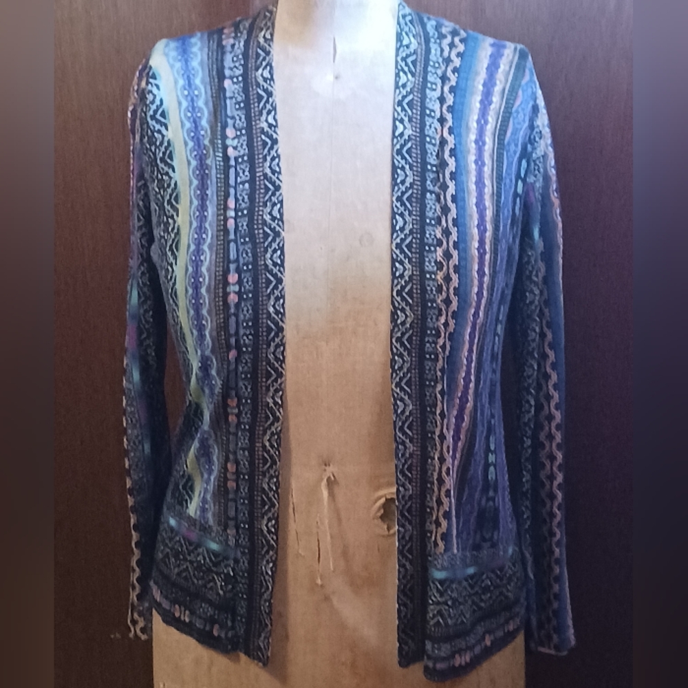 Chico's Abstract Striped Open Front Cardigan Sweater Size 1